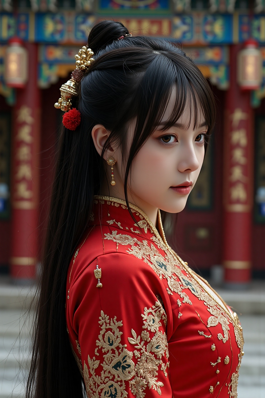 Super detailed,  super realistic,  beautiful Chinese girl Dòu Bàn Jiàng with long hair and blunt bangs. Wearing a body tig...