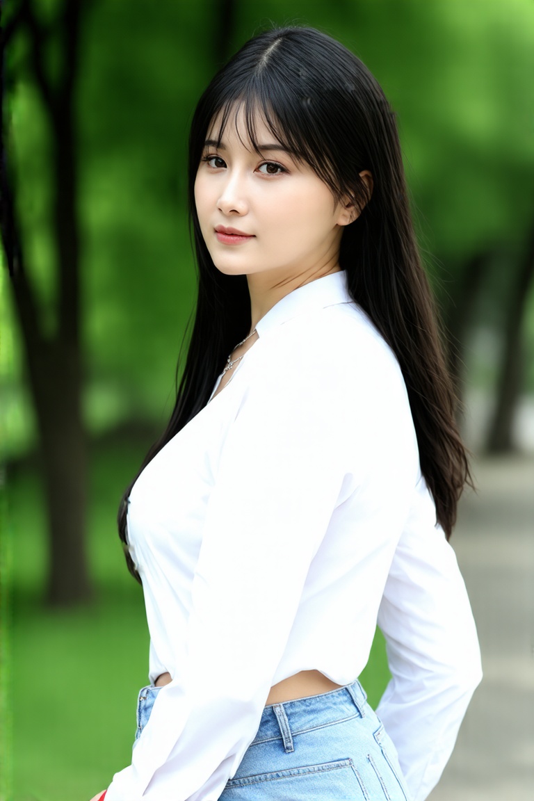 A photorealistic portrait of Dòu Bàn Jiàng a young Chinese woman stands outdoors in a serene garden-like setting,  exuding...