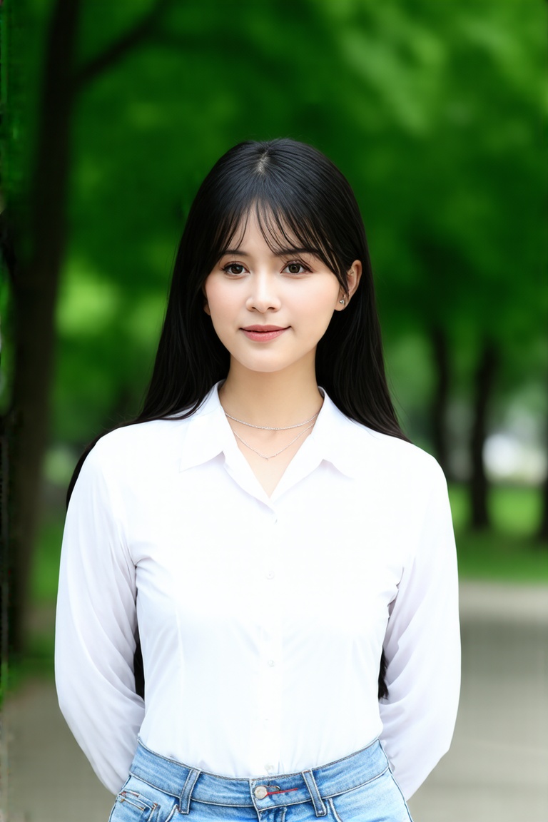 A photorealistic portrait of Dòu Bàn Jiàng a young Chinese woman stands outdoors in a serene garden-like setting,  exuding...