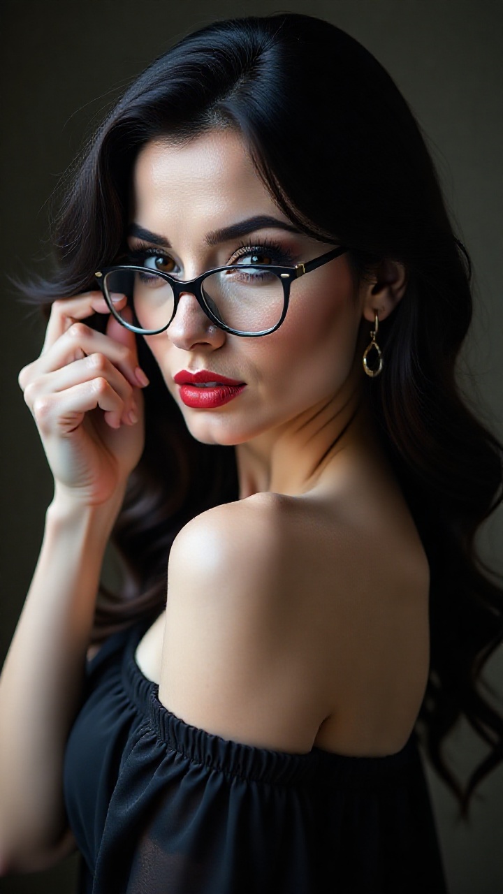 A sultry beauty gazes back at us from a dramatic portrait. Framed by a shallow depth of field,  her luscious black hair ca...