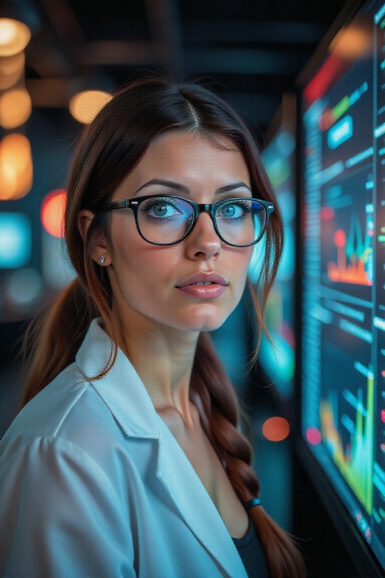 Captivating portrait of a woman with a curious expression,  her eyes intensely focused on digital data displayed on sleek...