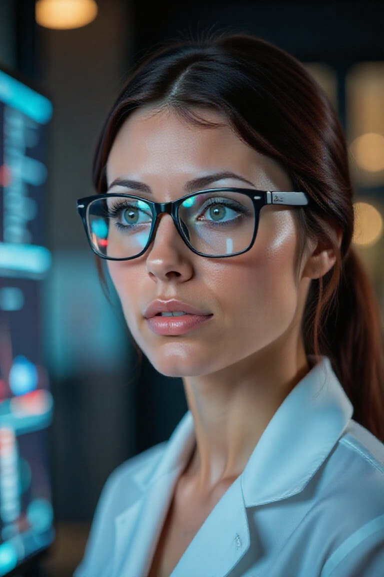 Professional photo. woman. Curious expression,  eyes focused on data,  laboratory setting with digital screens. Nerdy hair...