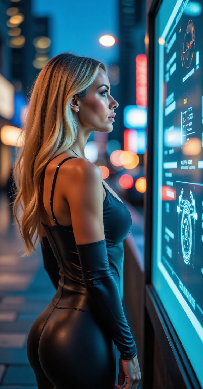 A close-up shot of a woman in a sleek bodysuit,  her long blonde hair flowing freely as she confidently stares at a futuri...