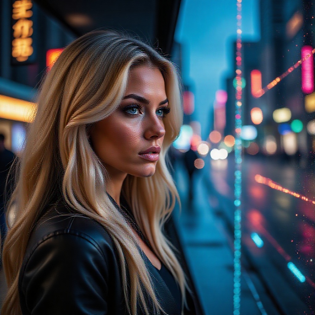 A close-up shot of the Alice's determined face,  her long blonde hair cascading down her back like a golden waterfall. Her...