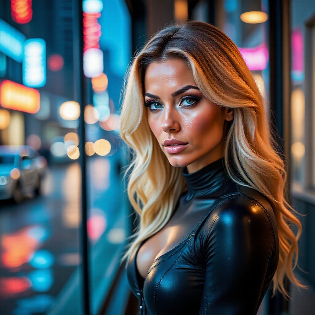 A close-up shot frames the woman's determined face,  her blonde hair cascading like golden waves around her sleek black bo...