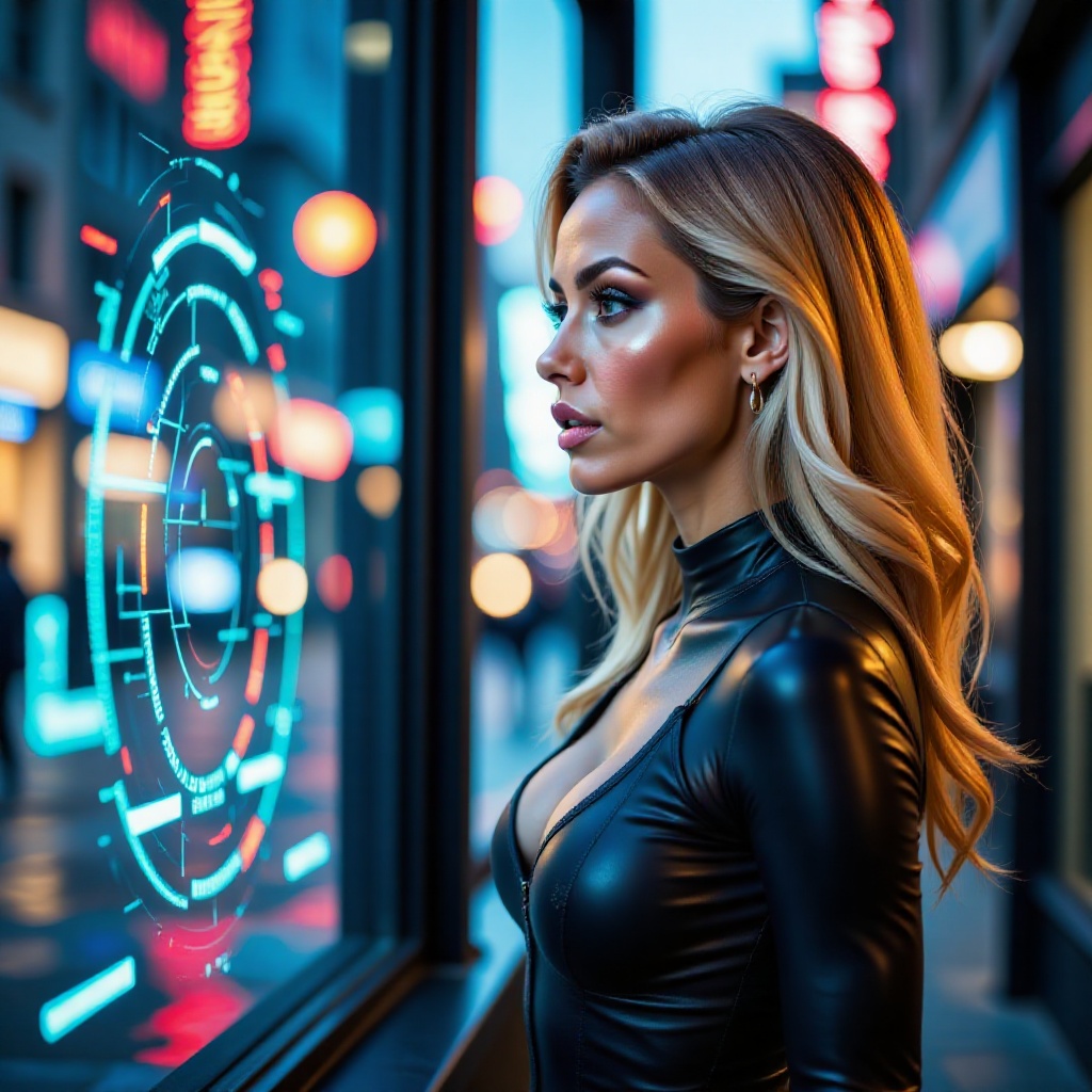 Close-up shot of a woman in sleek black bodysuit,  blonde hair flowing freely as she intensely gazes at futuristic cyber M...