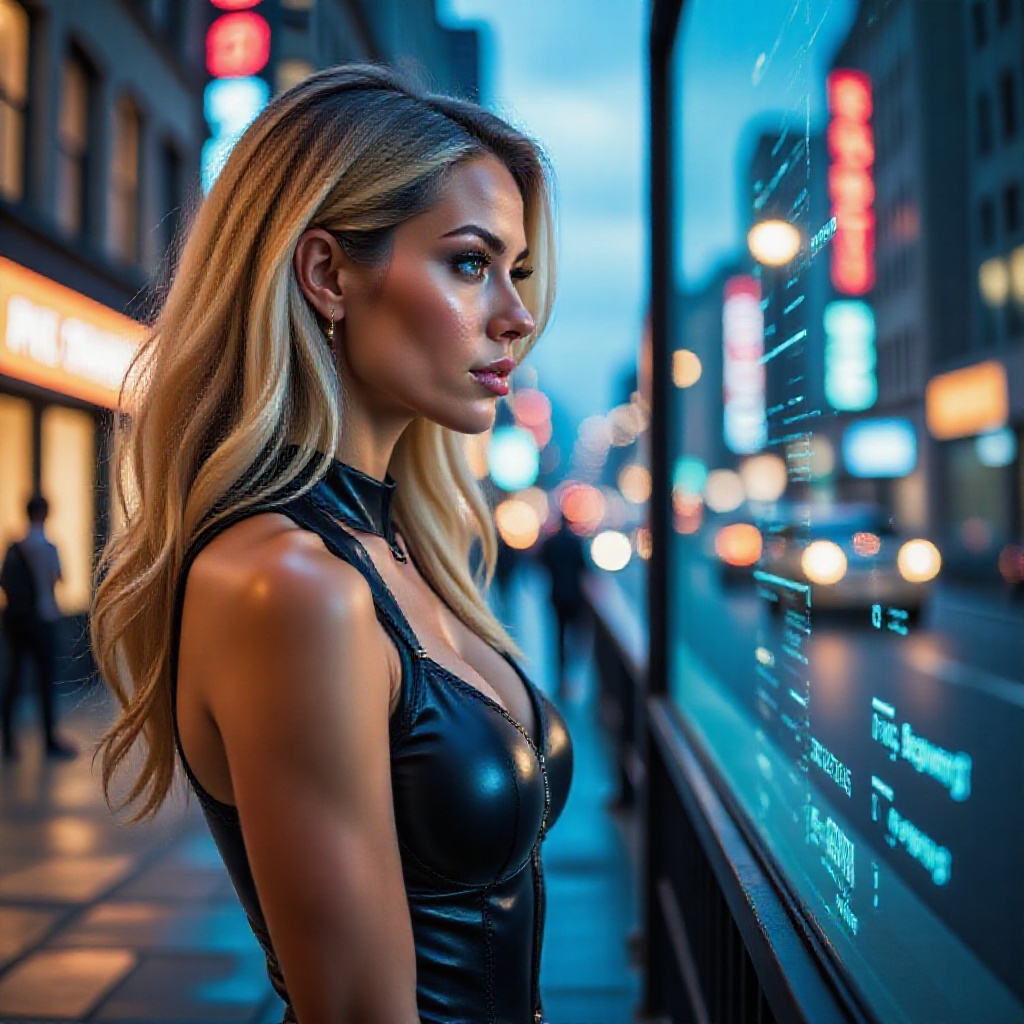 A close-up shot of a woman in a sleek black bodysuit,  her long blonde hair flowing freely as she confidently stares on a...