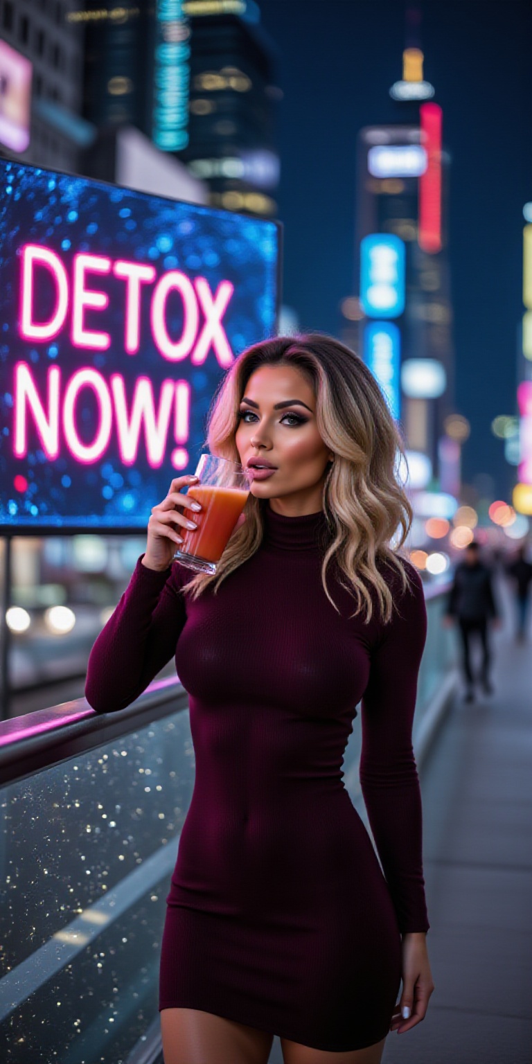 Juice out an image of a sophisticated individual posing against a BIG SCREEN displaying a DETOX NOW! in neon lights. They...