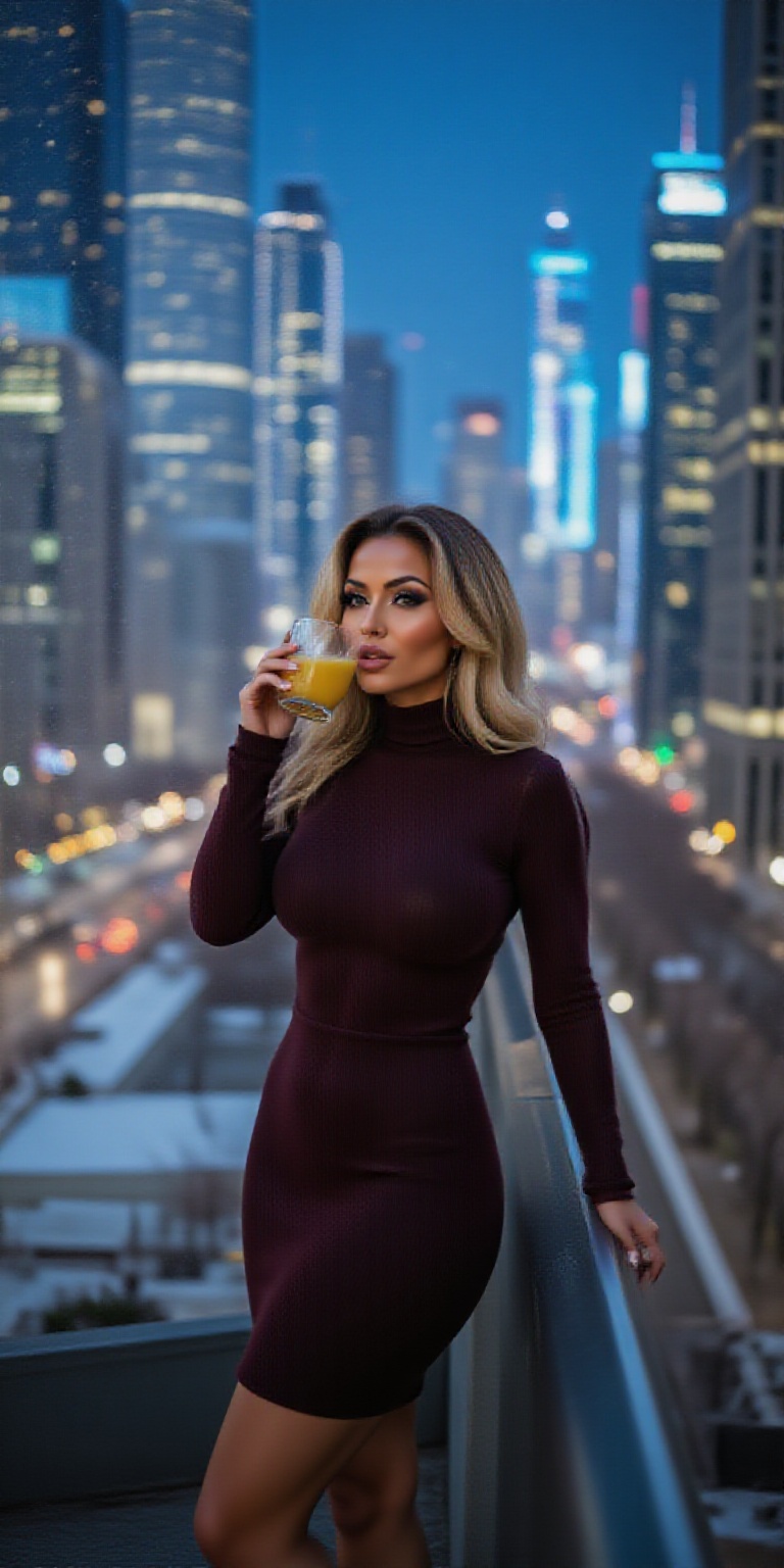 Juice out an image of a sophisticated individual posing against a BIG SCREEN. They wear a stylish dress,  sipping from a j...