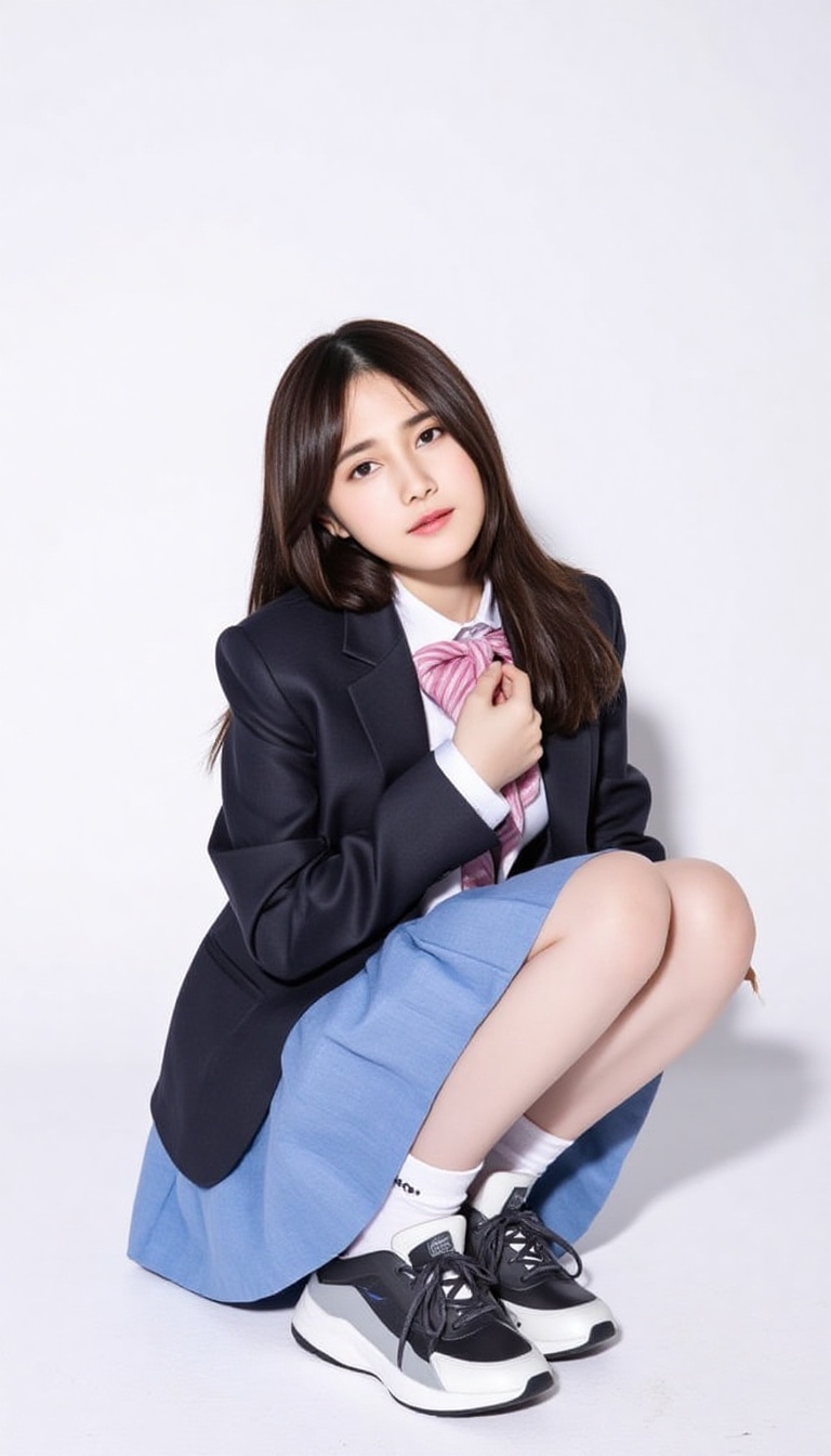 a young Asian woman is suatting against a stark white backdrop. She is dressed in a black blazer,  a blue skirt,  and a pi...