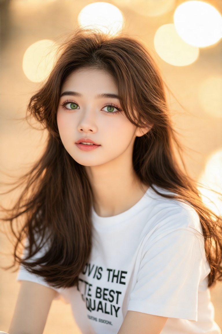 A captivating 23-year-old Asian beauty sits confidently against a neutral background,  her striking brown locks flowing do...