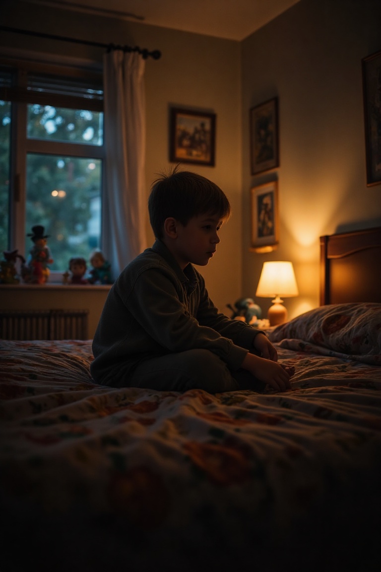 A young boy sitting on a cozy bed in a dimly lit bedroom,  the soft glow of a bedside lamp casting warm,  low light across...