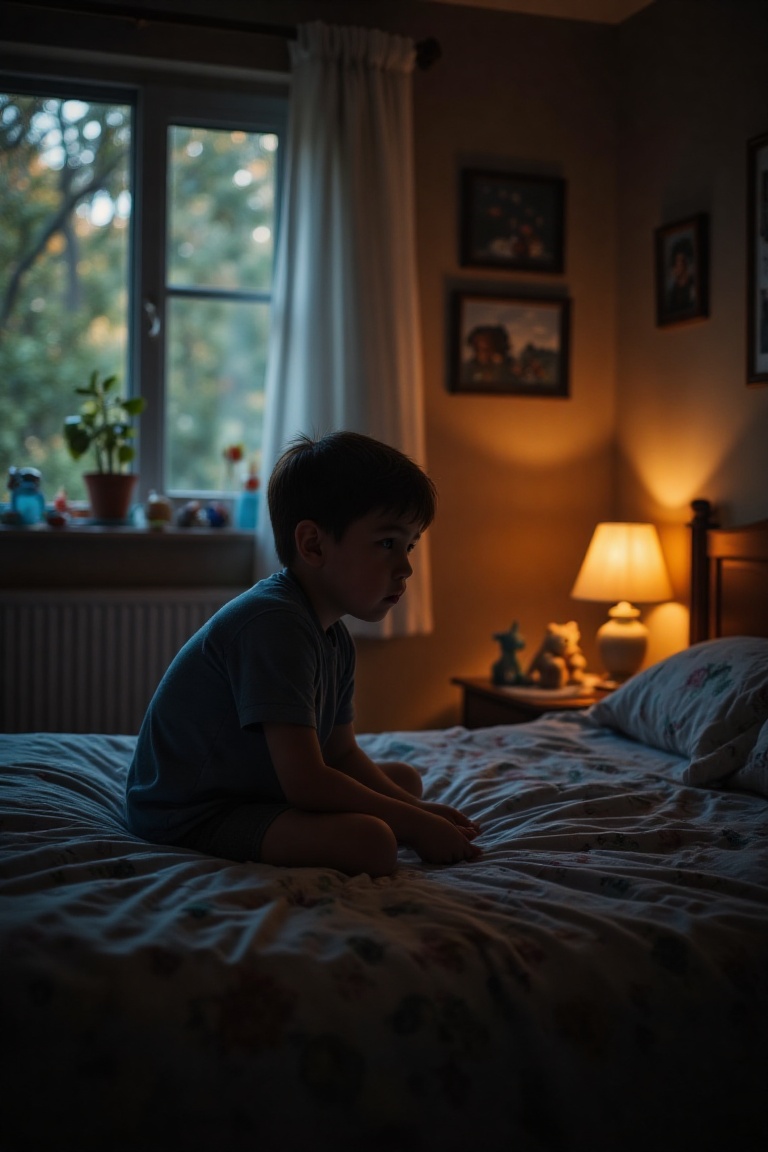 A young boy sitting on a cozy bed in a dimly lit bedroom,  the soft glow of a bedside lamp casting warm,  low light across...