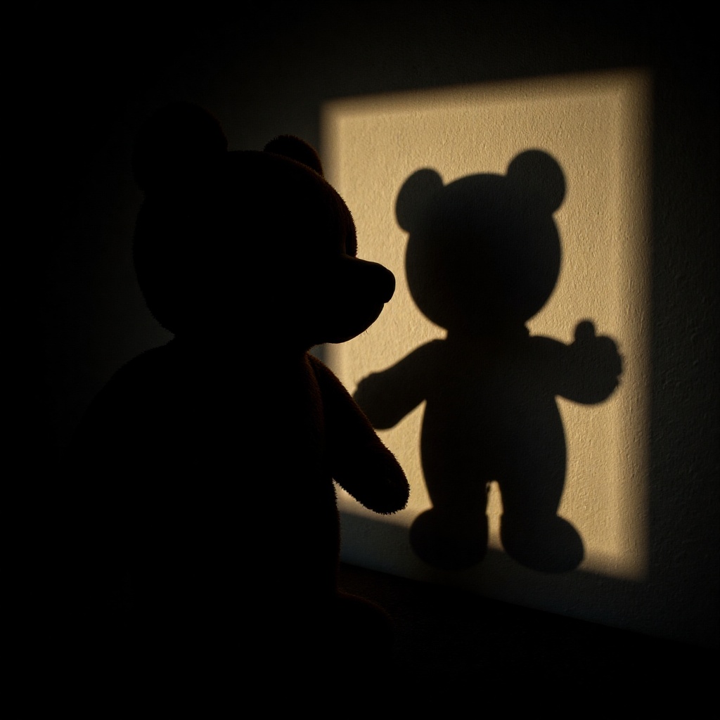 A silhouette of a teddy bear doll cast against a textured wall,  the soft curves and details of the bear's form highlighte...