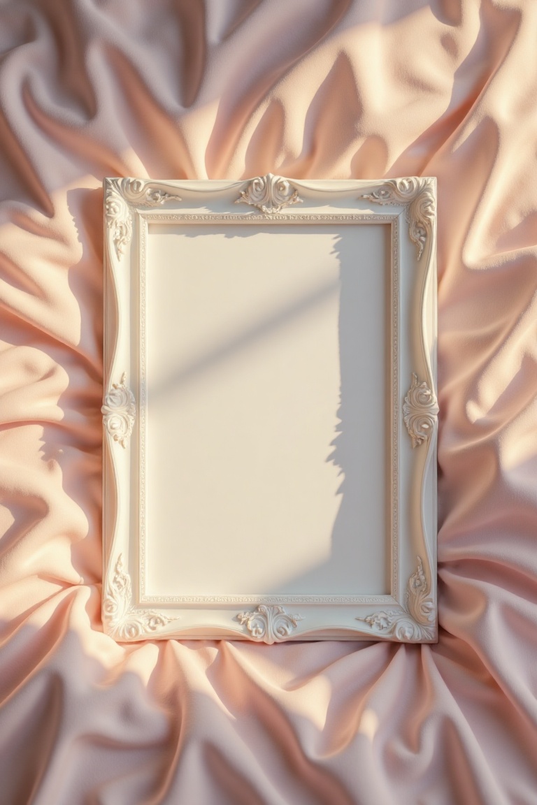 A top-down view of a white metal blank picture frame resting on fluffy pastel pink bedding,  illuminated by the soft,  gol...