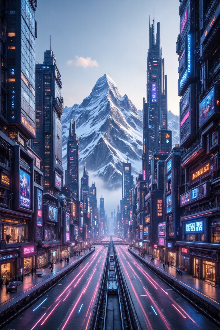Wide-angle shot of ultra-modern urban construction with sleek glass skyscrapers and geometric architecture,  set against a...