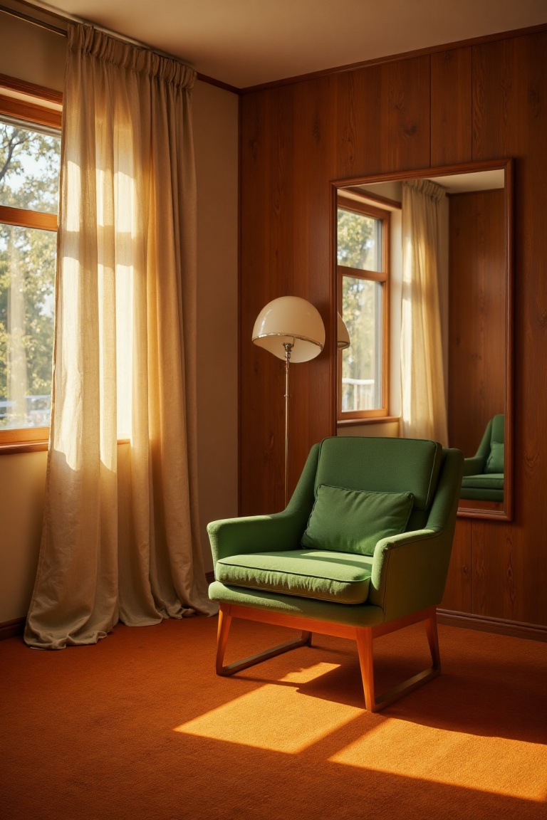 A room featuring ochre carpeting and a beige curtain draped elegantly,  complemented by a green 70s-style armchair and a w...