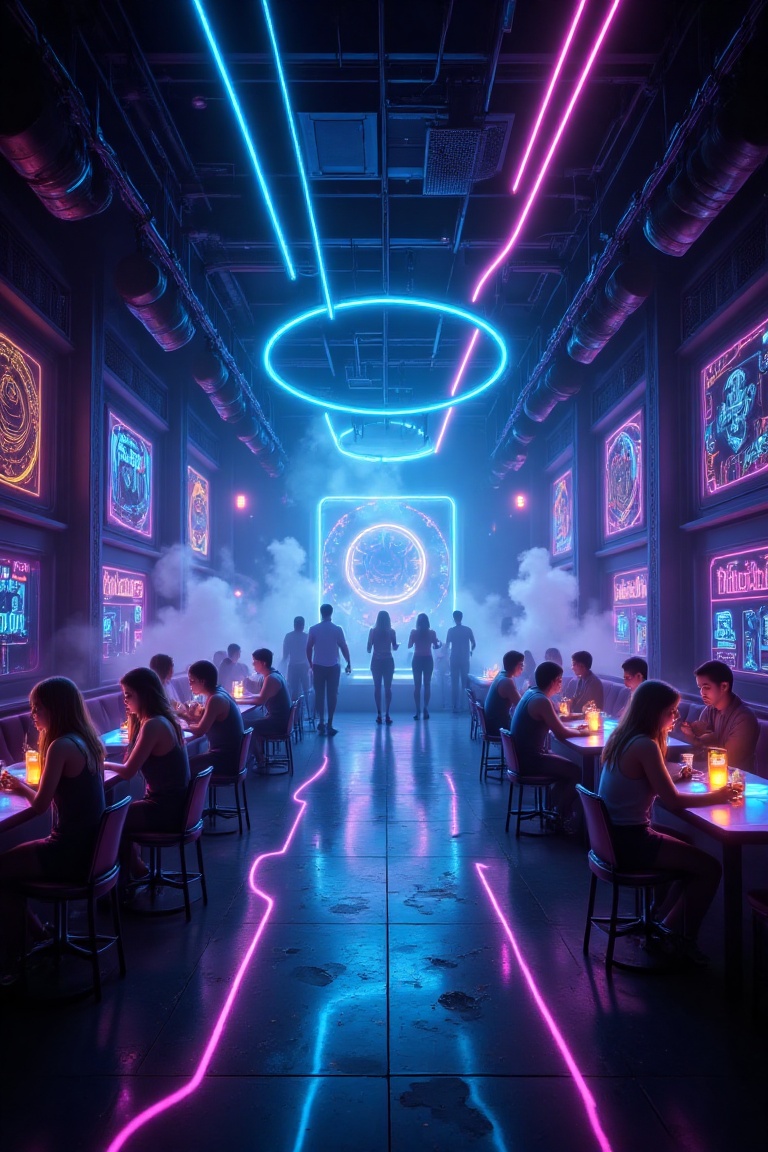 The interior of a nearly empty nightclub,  just before closing,  with a somber and gloomy atmosphere. The dance floor is s...