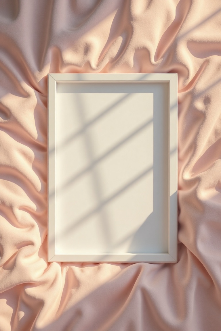 A top-down view of a white metal blank picture frame resting on fluffy pastel pink bedding,  illuminated by the soft,  gol...