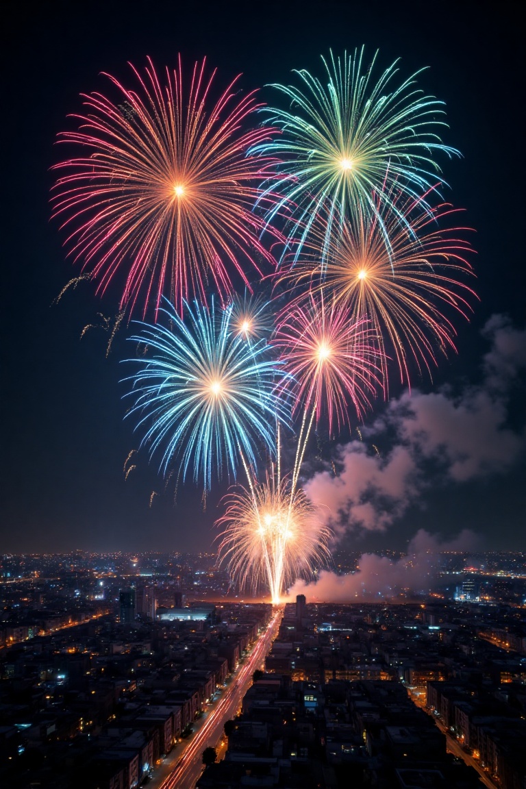 A dramatic night scene of a dark city skyline,  illuminated only by the vibrant bursts of colorful fireworks celebrating t...