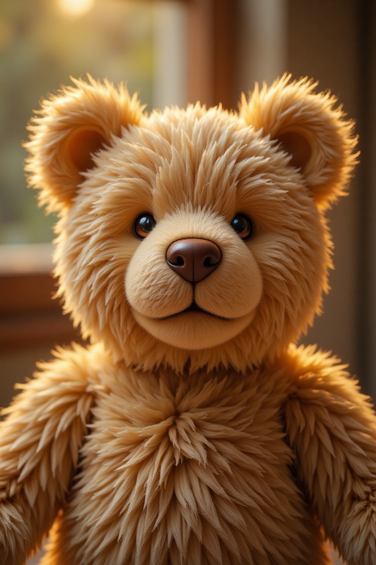 A close-up shot of a plush teddy bear doll,  its soft fur and intricate stitching highlighted under a soft,  diffused ligh...