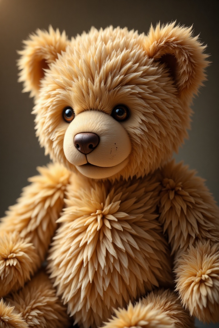 A close-up shot of a plush teddy bear doll,  its soft fur and intricate stitching highlighted under a soft,  diffused ligh...