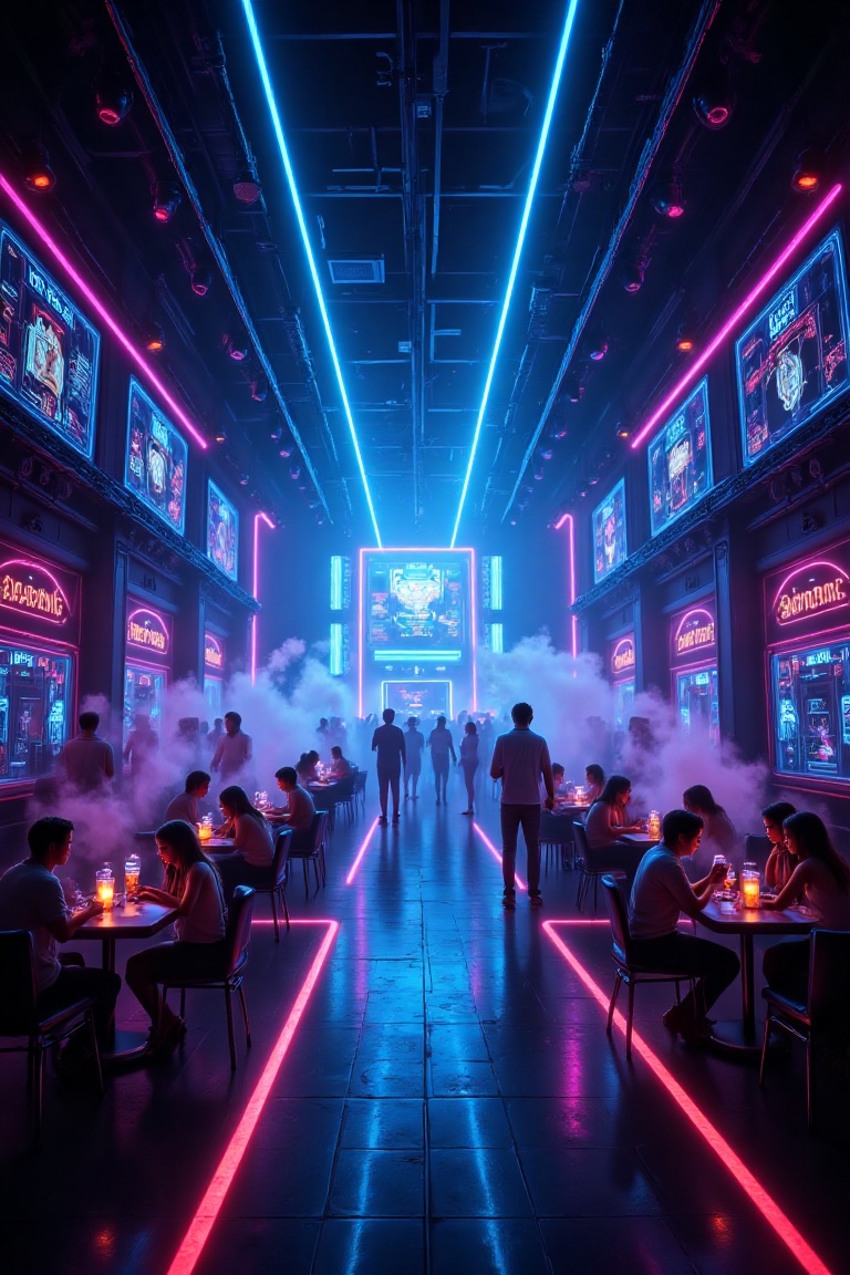 The interior of a nearly empty nightclub,  just before closing,  with a somber and gloomy atmosphere. The dance floor is s...