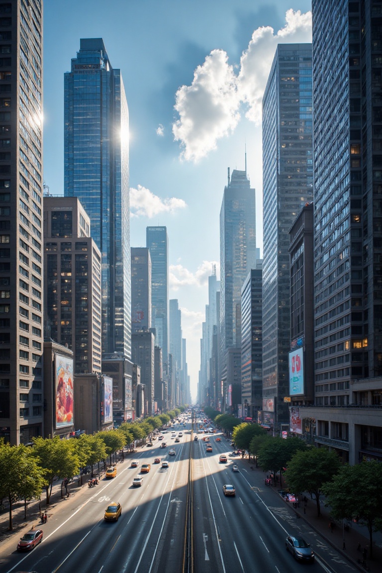 A bright and airy high-key shot of a bustling cityscape during the day,  with sunlight flooding the scene and casting mini...