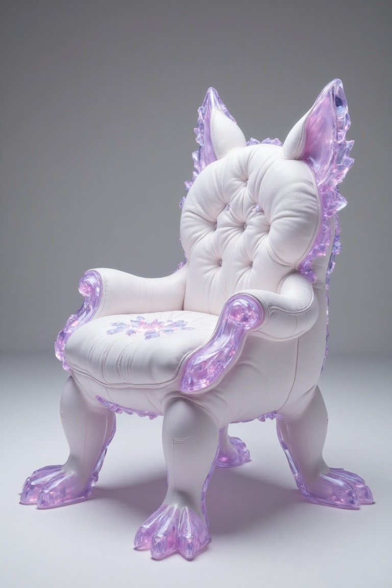 A chair crafted from white fabric and pink resin,  set against an isolated gray background. The chair's soft curves are ac...