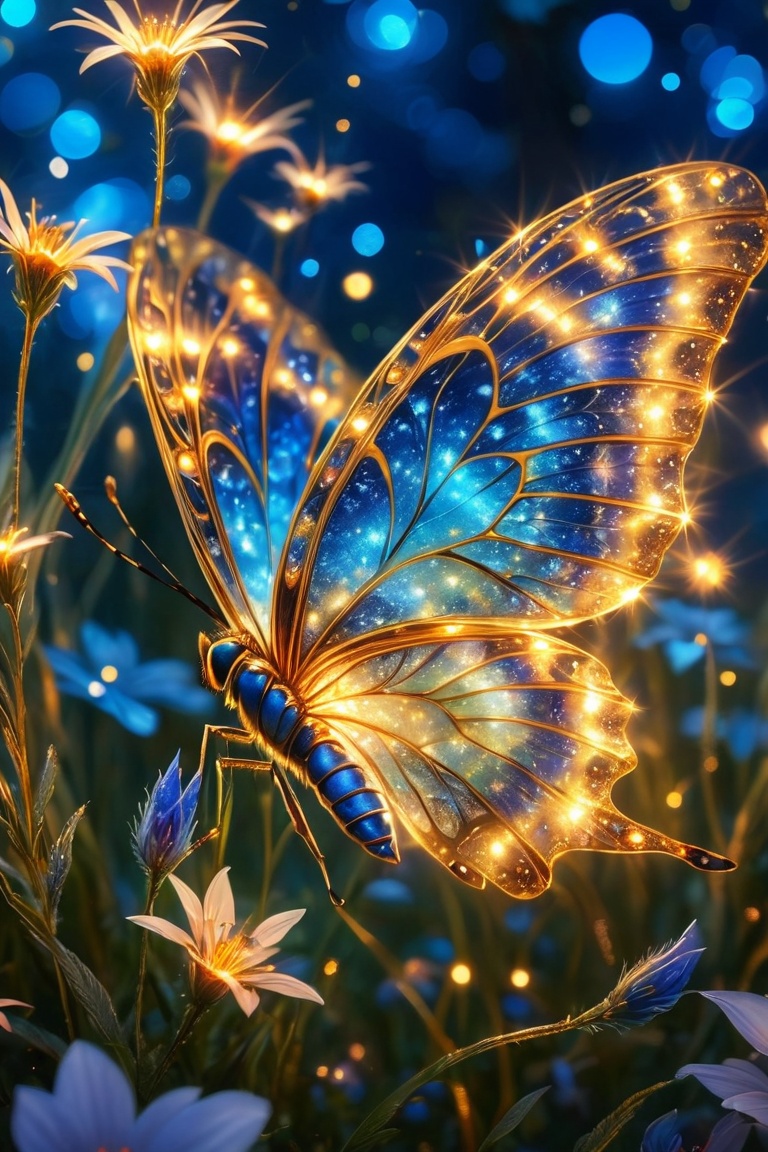 Enchanted butterfly,  vibrant blue and golden wings,  covered in sparkling lights on Tensor.Art