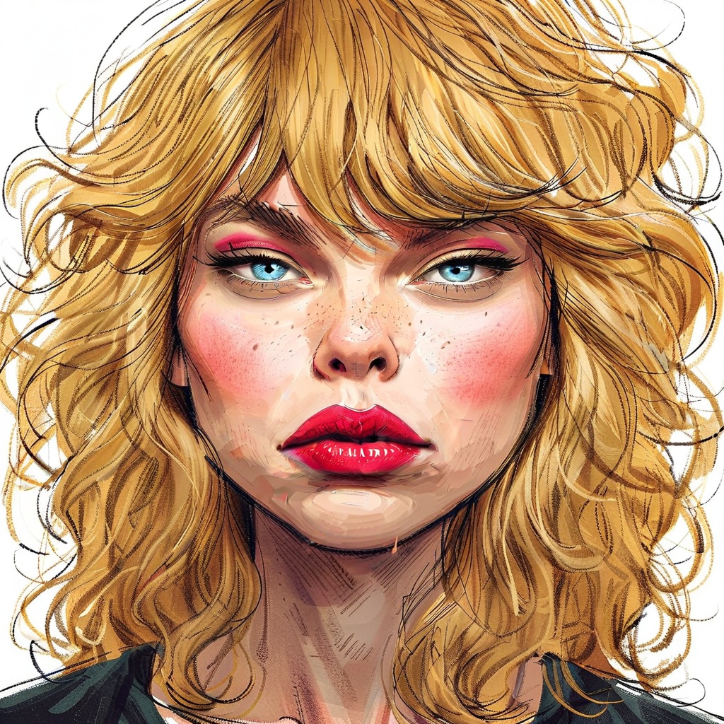 caricature_style drawing caricature 1girl solo long hair blush blue eyes blonde hair simple background white background li...