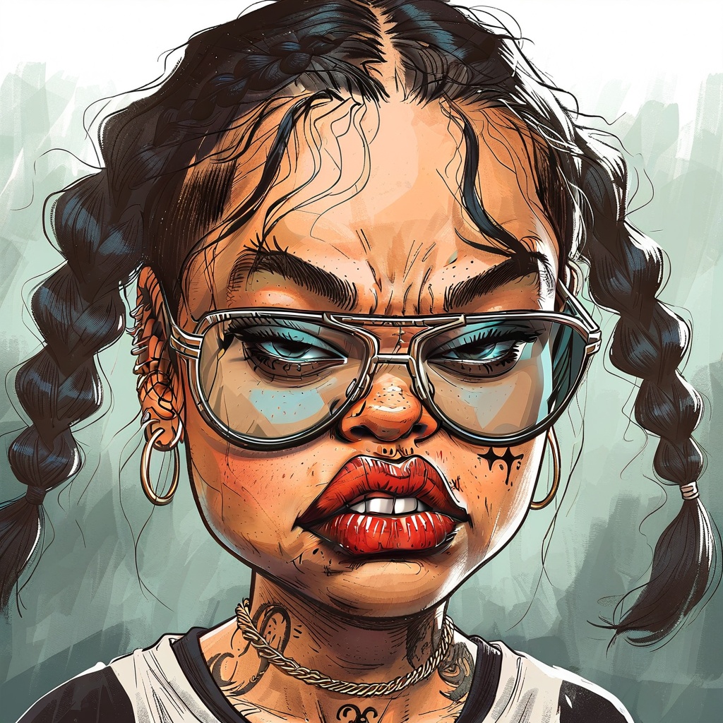 caricature_style drawing caricature 1girl solo long hair black hair jewelry braid earrings glasses teeth necklace twin bra...