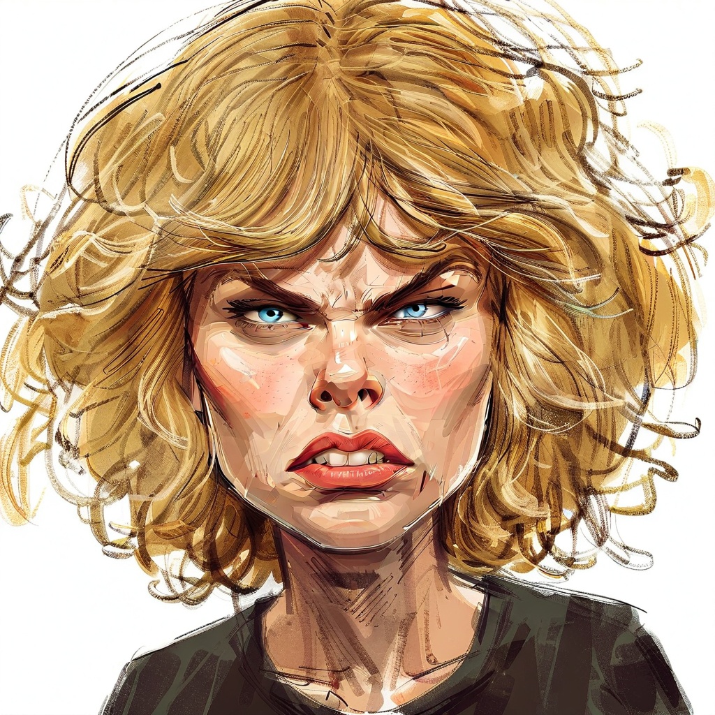 caricature_style drawing caricature 1girl solo blue eyes blonde hair white background teeth sketch lips clenched teeth por...