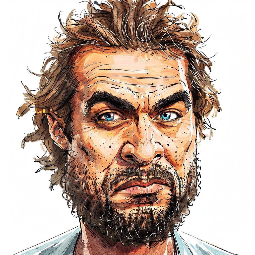 caricature_style drawing caricature solo blue eyes simple background brown hair 1boy white background male focus facial ha...