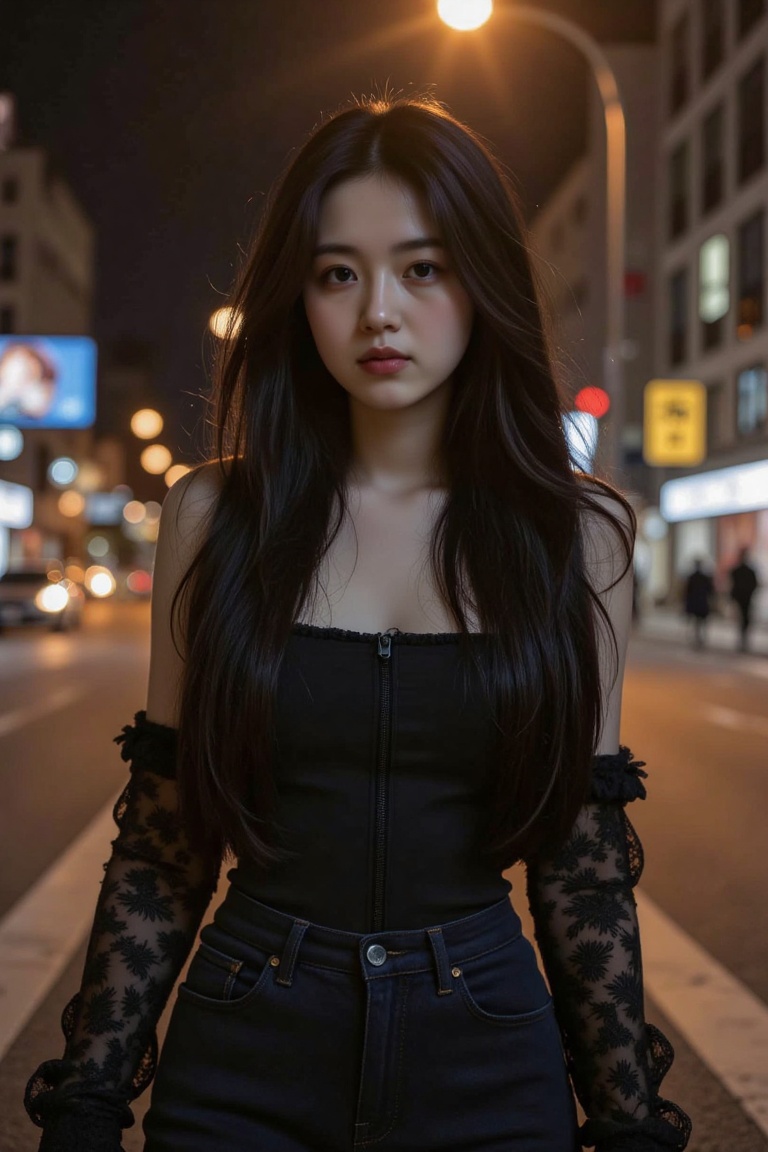 A solitary figure emerges from the shadows,  her luscious locks cascading down her back like a dark waterfall. A great bol...