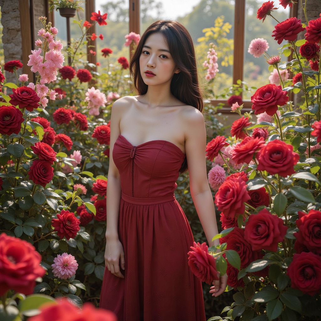 A ravishing woman stands amidst a lush flower store,  her captivating presence almost overshadowed by the resplendent bouq...