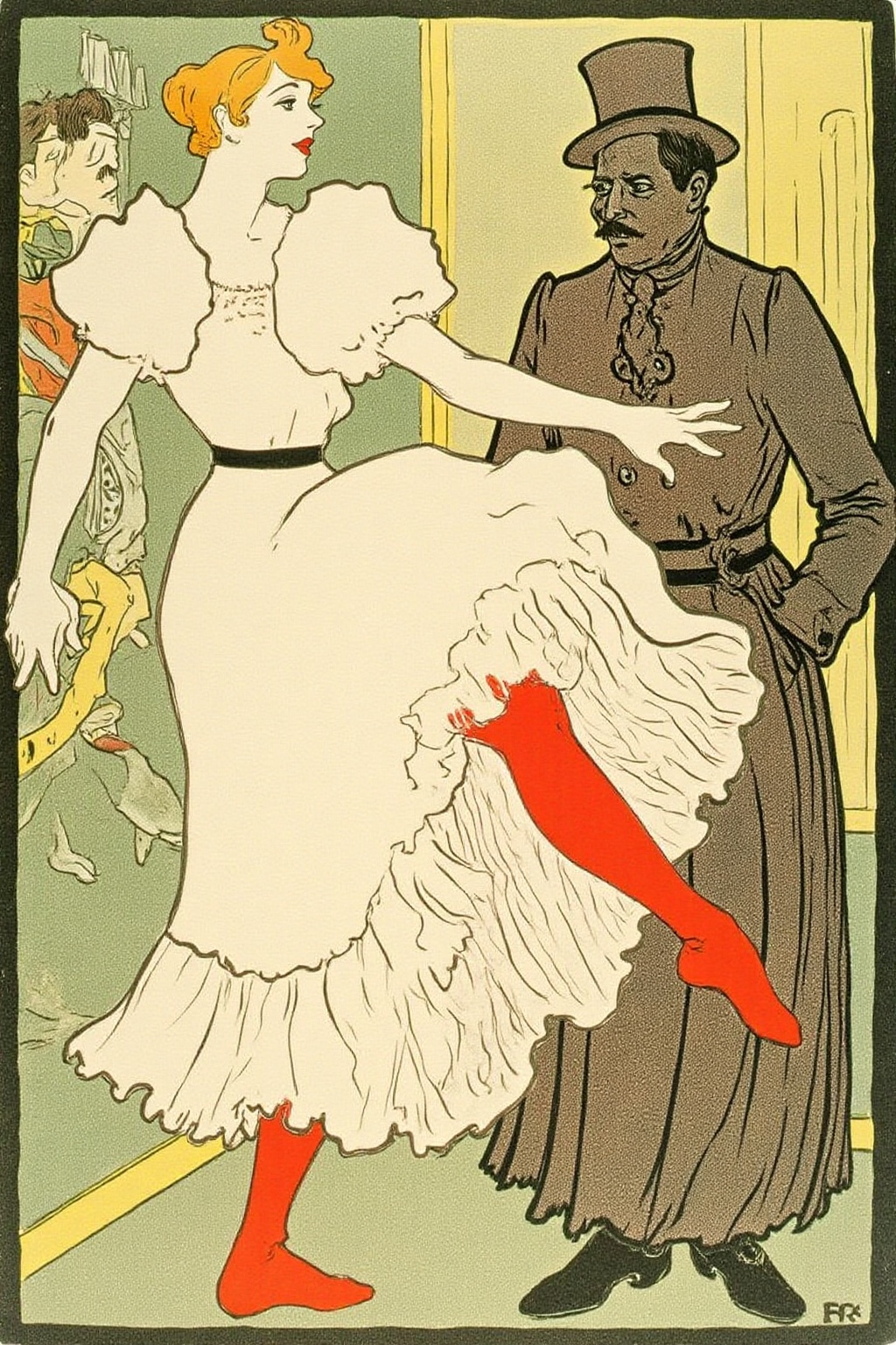 lautrec1 illustration rendered in a stylized,  Art Nouveau style typical of the era,  with a pastel color palette dominate...
