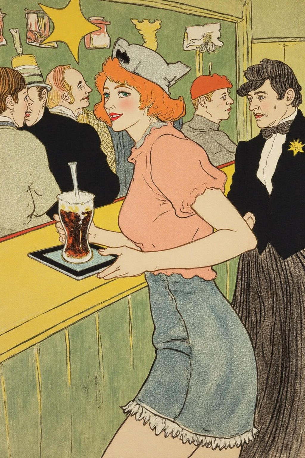 lautrec1 illustration rendered in a stylized,  Art Nouveau style typical of the era,  with a pastel color palette dominate...