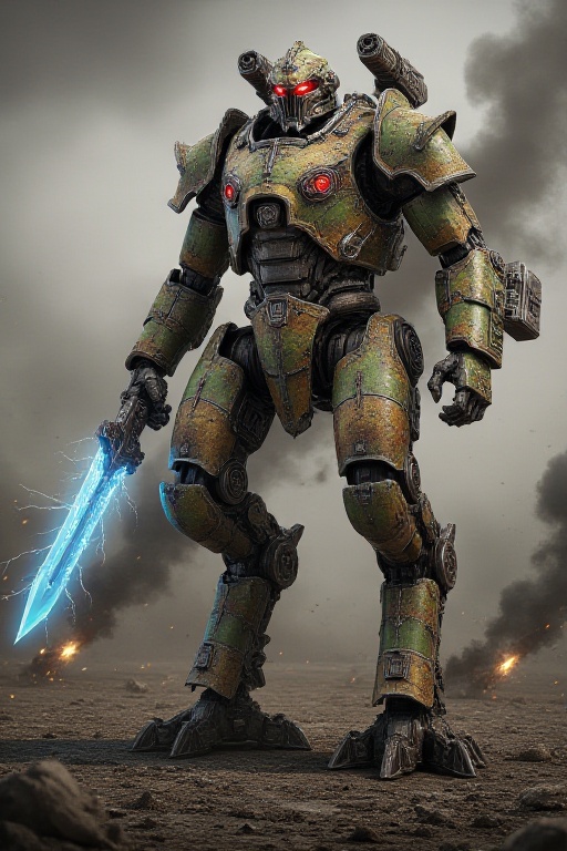 "Create a photorealistic full-length image of the 'Voyager' robot standing triumphantly atop a fallen building,  exuding a...