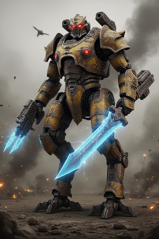 "Create a photorealistic full-length image of the 'Voyager' robot standing triumphantly atop a fallen building,  exuding a...
