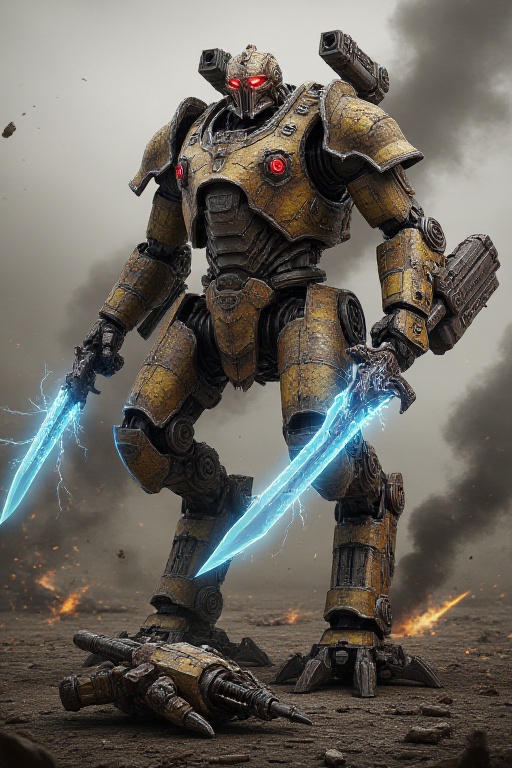 "Create a photorealistic full-length image of the 'Voyager' robot standing triumphantly atop a fallen building,  exuding a...