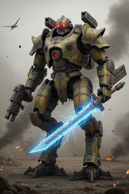 "Create a photorealistic full-length image of the 'Voyager' robot standing triumphantly atop a fallen building,  exuding a...