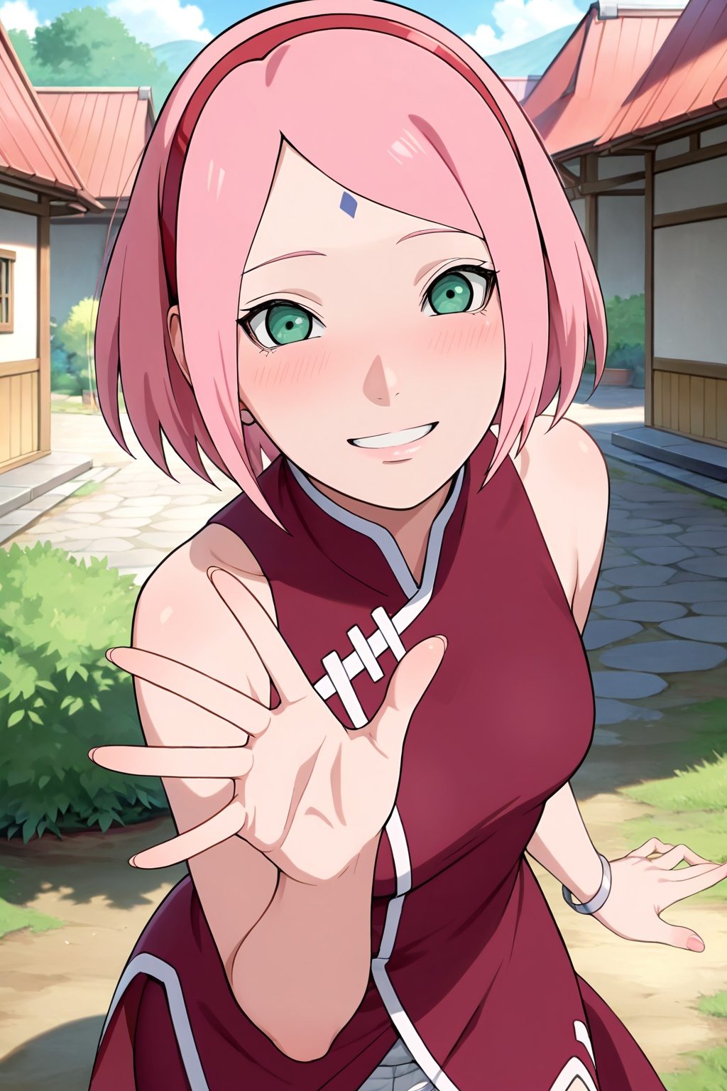 Smile ,  waving hand ,  In a village on Tensor.Art