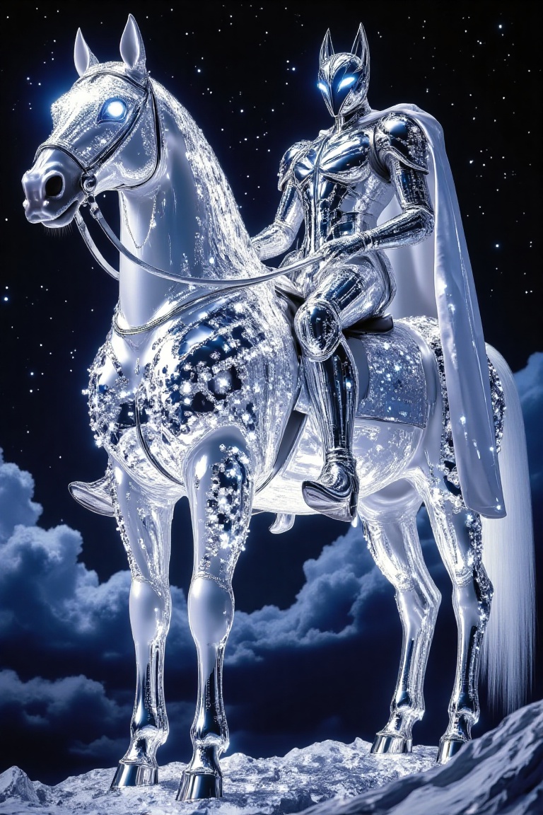 A knight on a crystalline horse,  hyperrealistic,  night sky backdrop. The knight and horse are made of clear on Tensor.Art