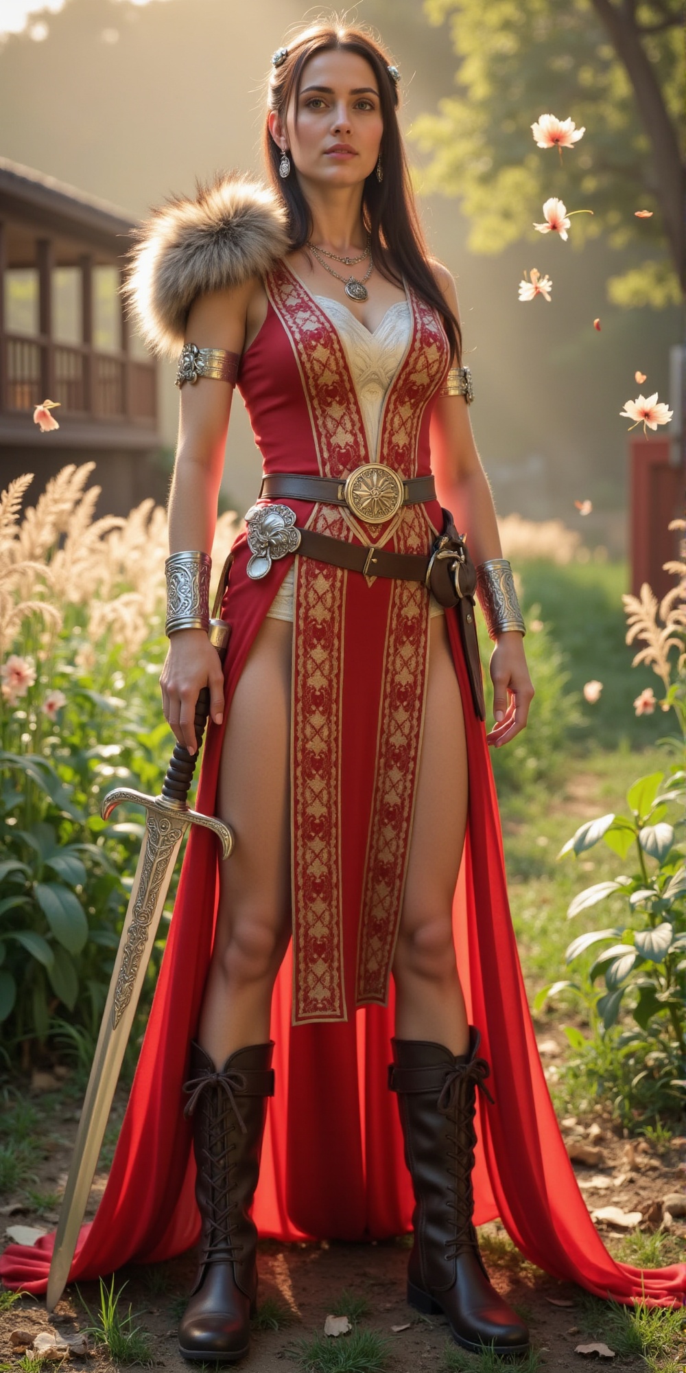 A regal female warrior stands heroically,  bathed in warm sunlight as leaves fall softly around her. Her golden-patterned...