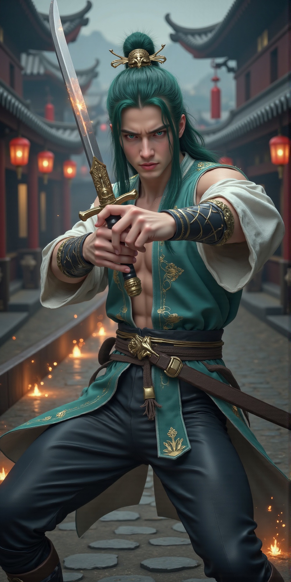 (GREEN_HAIRED_MALE_WARRIOR),  FULL muscula BODY,  long boots. best quality on Tensor.Art