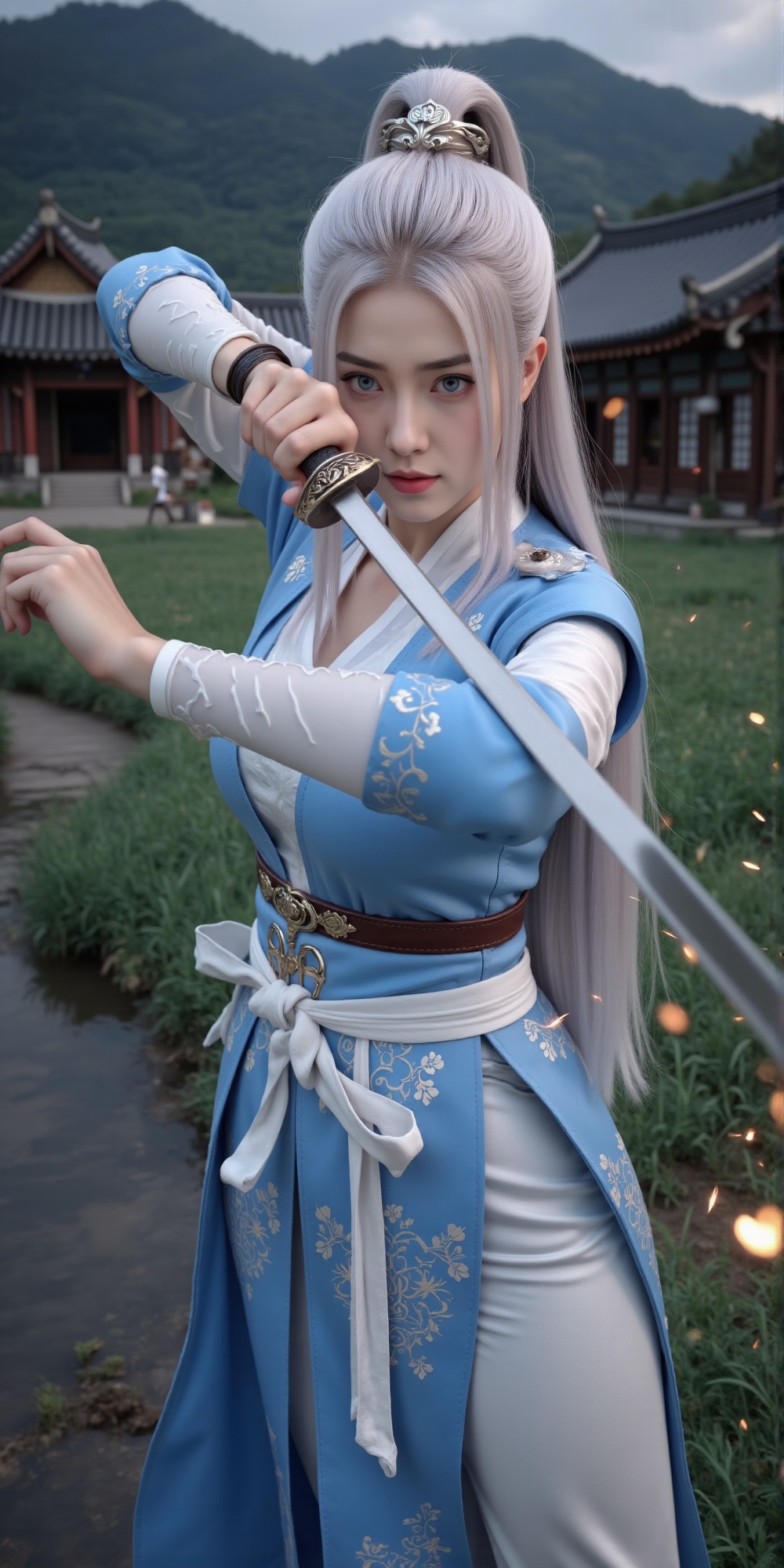 (WHITE_HAIRED_FEMALE_WARRIOR),  HALFF BODY,  long boots on Tensor.Art