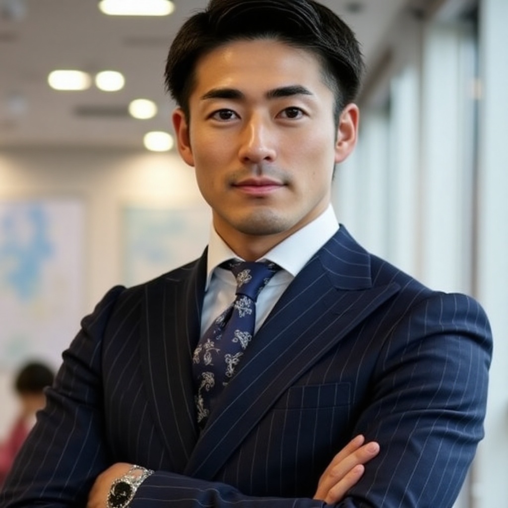 A sharp-dressed young handsome japanese man in 20yo with 185cm tall with muscular body type with slim oval shaped face,  h...