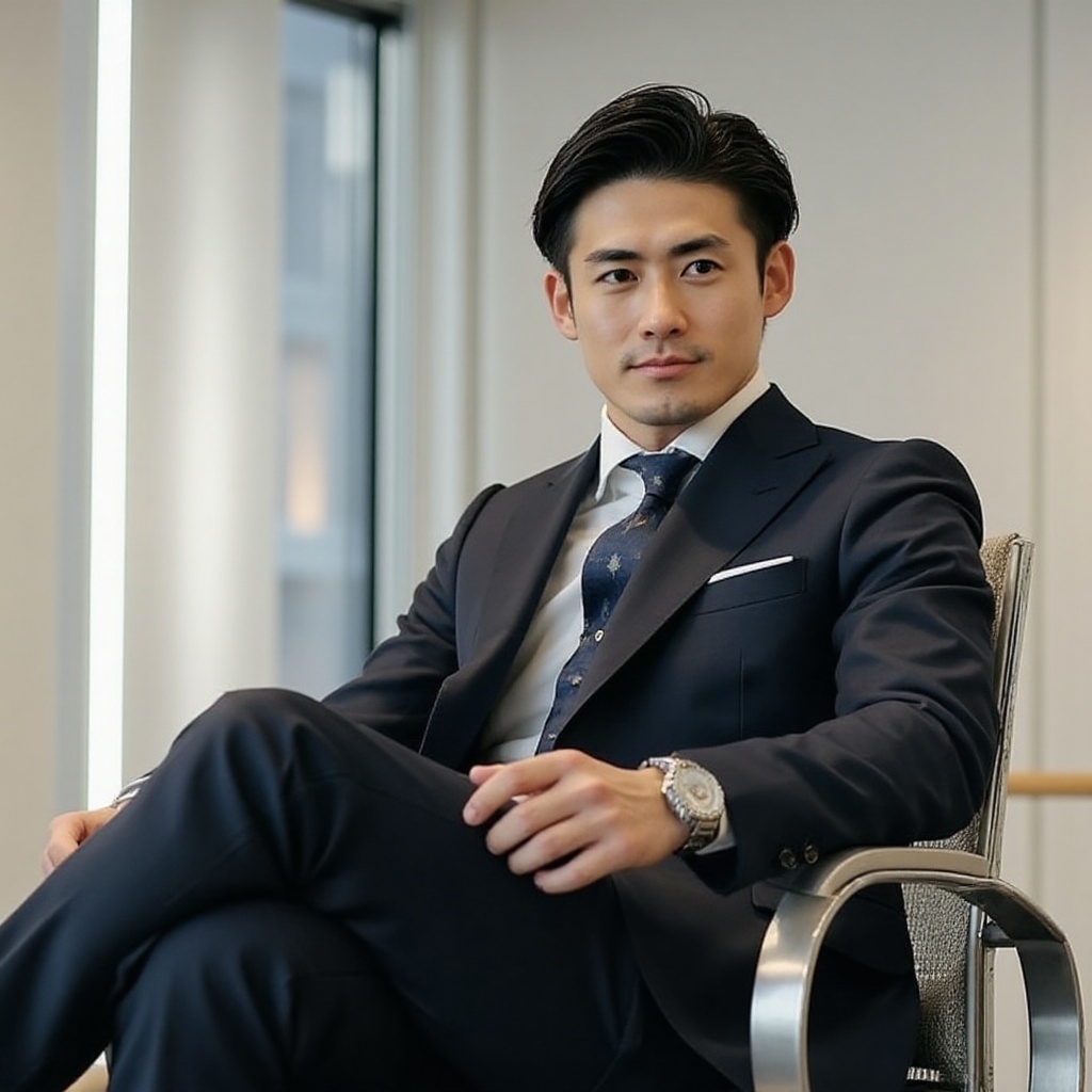 A sharp-dressed young handsome japanese man in 20yo with 185cm tall with muscular body type with slim oval shaped face,  h...