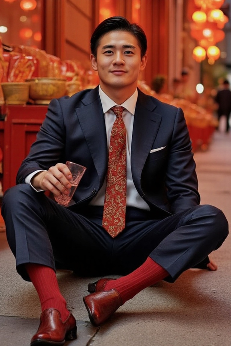 1guy,  A handsome japanese asian male model in 20s wear black suit and red tie with gold snake pattern with capri pants an...